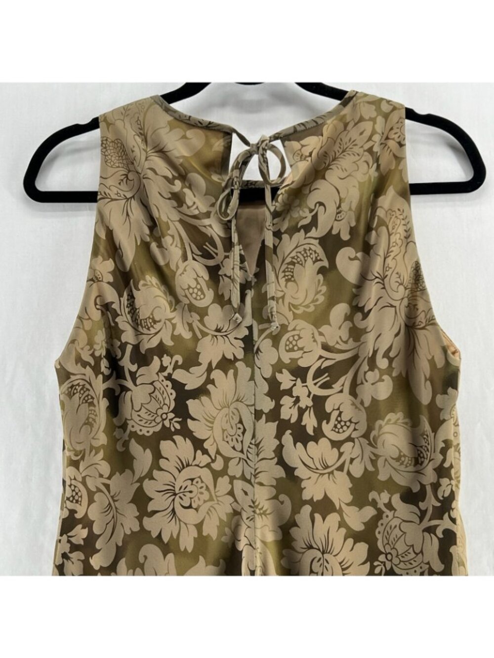 Donna Ricco Floral Chiffon A-Line Dress Womens 10 Tie Keyhole Sleeveless Vtg Tan - Picture 7 of 13